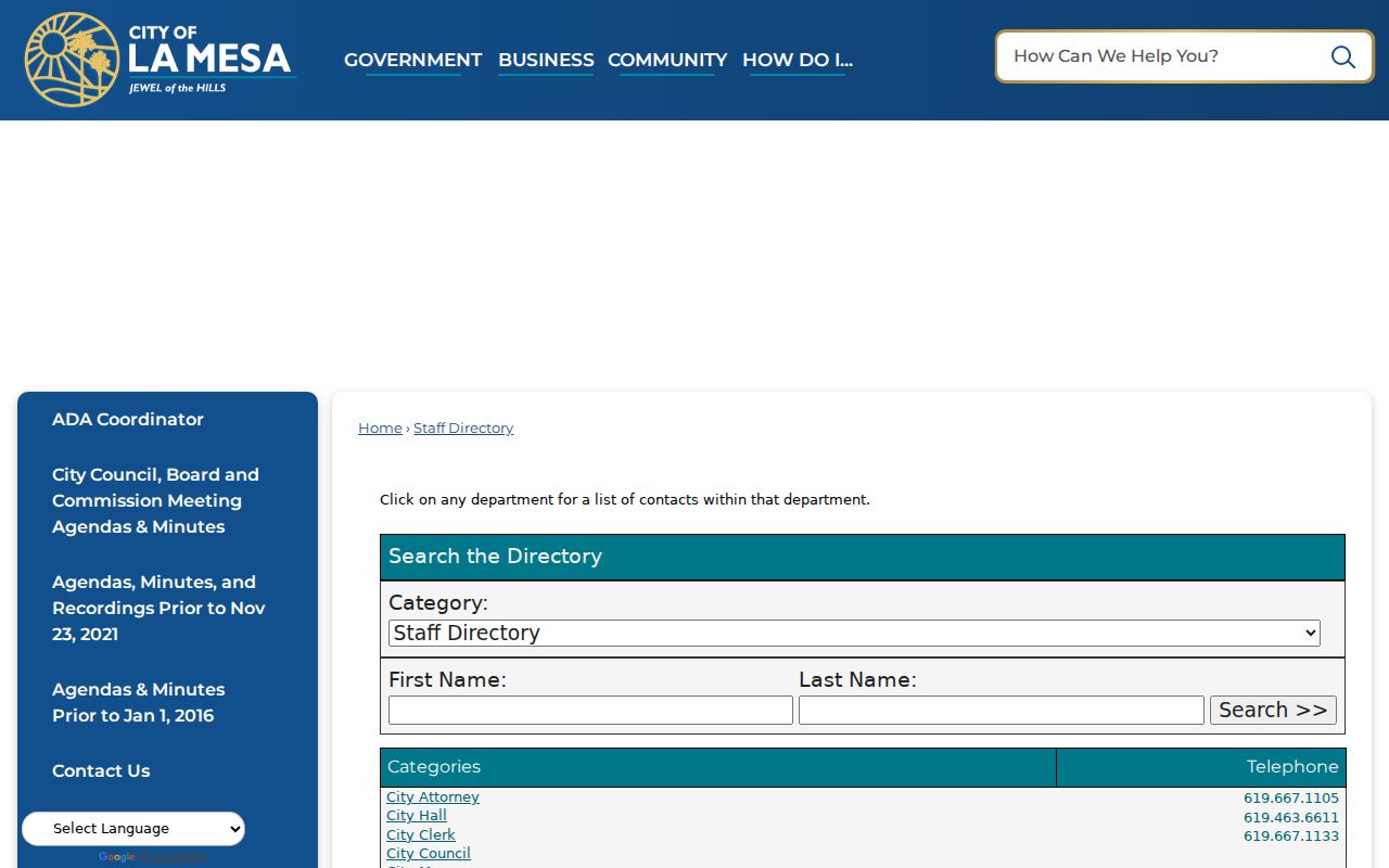La Mesa people search in the official city staff directory