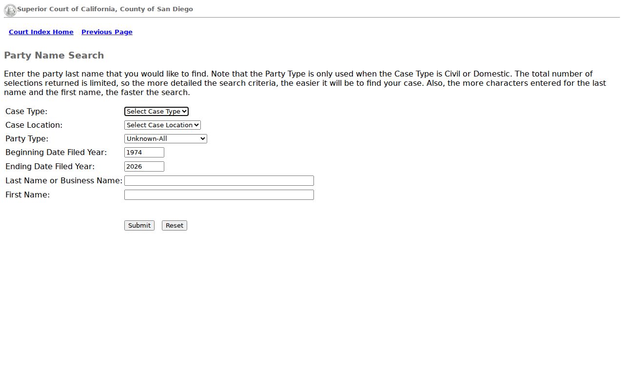 La Mesa public records party-name form in the San Diego Superior Court index