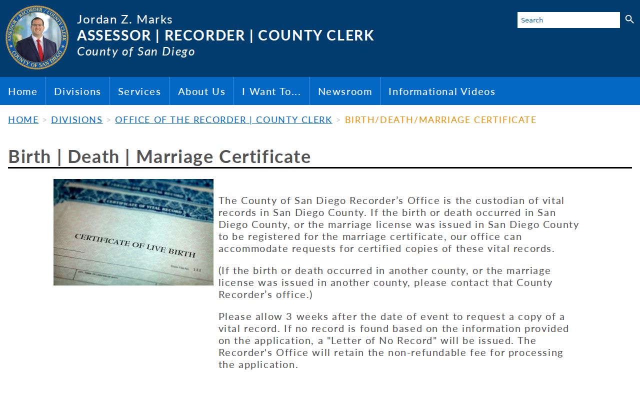 La Mesa public records certificate options through San Diego County ARCC