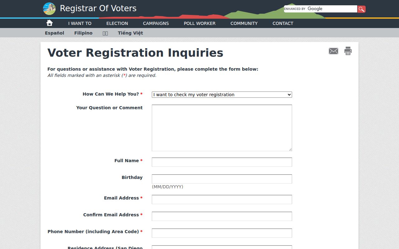 La Mesa voter records inquiry form from San Diego County